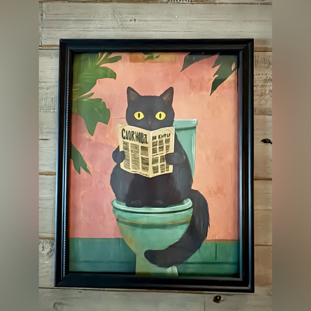 Black Cat Reading Newspaper Wall Art Framed 8x10